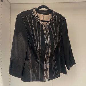 Elie Tahari Black linen jacket embroidery & fringe detail on lapels Size 16 NWT